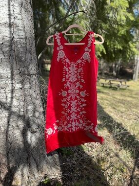 Johnny Was Red Sleeveless Embroidered Mini Dress